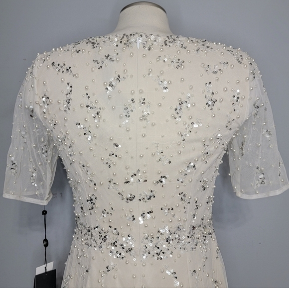 Adrianna Papell | Beaded Short Sleeve Tea Length Formal Dress - Picture 11 of 16